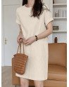 Solid Short Rolled Sleeve Pocket Crew Neck Women Dress