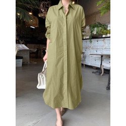 Solid Color Button Long Sleeve Casual Dress for Women