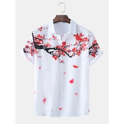 Mens Front And Back Plum Blossom Print Lapel Short Sleeve Shirts