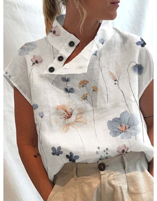 Women Floral Print Button Neck Design Short Sleeve Blouse
