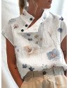Women Floral Print Button Neck Design Short Sleeve Blouse