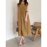 Solid O-neck Pleated Sleeveless Pocket Women Casual Dress