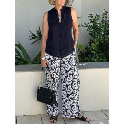 Women Solid Stand Collar Sleeveless Tank & Print Pants Co-ords