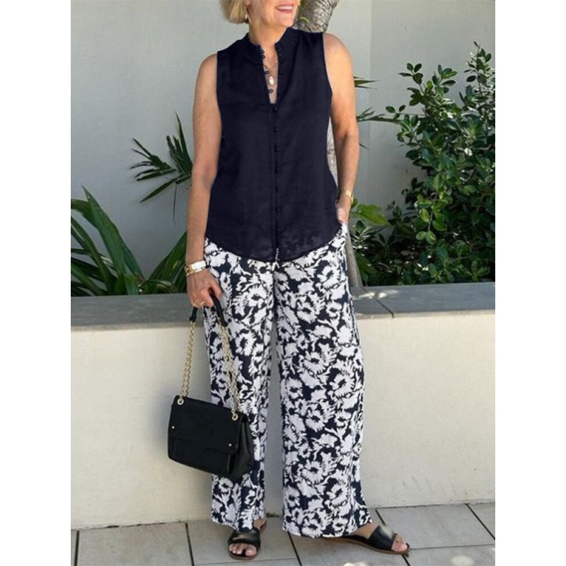 Women Solid Stand Collar Sleeveless Tank & Print Pants Co-ords