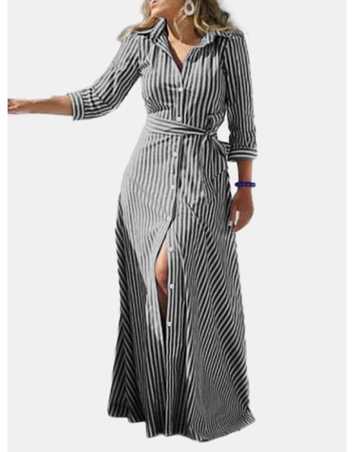 Striped Print Waistband Button Long Sleeve Casual Dress for Women