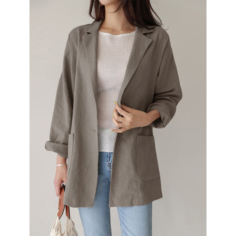 Casual Solid Color Lapel Long Sleeve Plus Size Jackets with Button