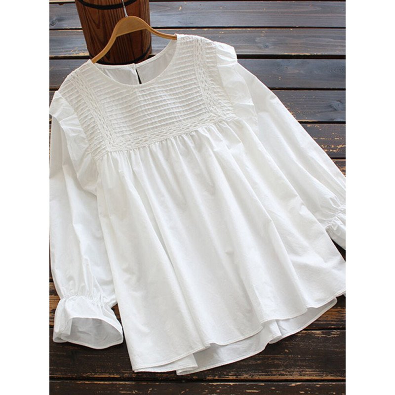 Solid Ruffle Crew Neck Long Sleeve Blouse