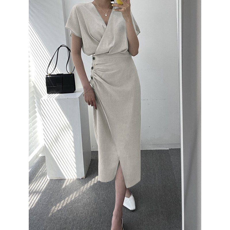 Solid Wrap V-neck Ruffle Sleeve Button Slit Dress