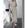 Solid Wrap V-neck Ruffle Sleeve Button Slit Dress