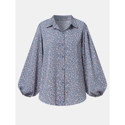 Floral Print Lapel Long Sleeve Casual Blouse For Women