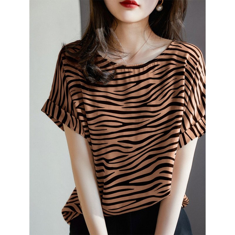 Allover Zebra Print Crew Neck Short Sleeve Casual Blouse