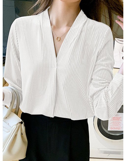 Solid Long Sleeve V-neck Blouse For Women