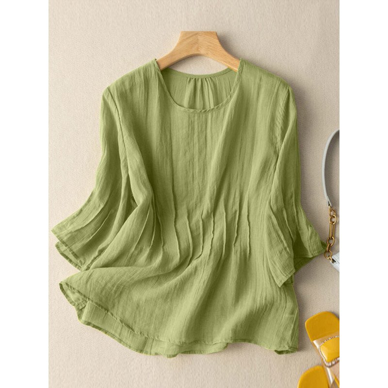 Solid Crew Neck Casual Women 3/4 Sleeve Blouse