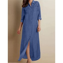 Solid Lapel Long Sleeve Slit Hem Denim Shirt Dress