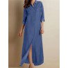 Solid Lapel Long Sleeve Slit Hem Denim Shirt Dress