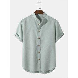 Mens Solid Color Grandad Collar Button Up Casual Short Sleeve Shirts