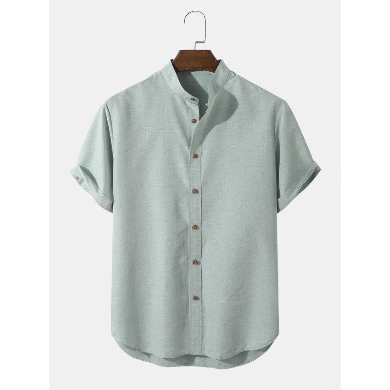 Mens Solid Color Grandad Collar Button Up Casual Short Sleeve Shirts