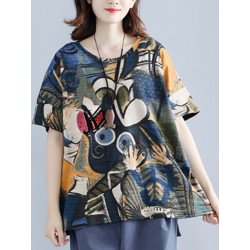 Women Plaid Floral Print O-neck Half Sleeves Casual T-Shirt