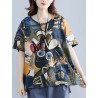 Women Plaid Floral Print O-neck Half Sleeves Casual T-Shirt