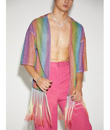 Men Glitter Rainbow Stripe Printed Fringe Cardigan