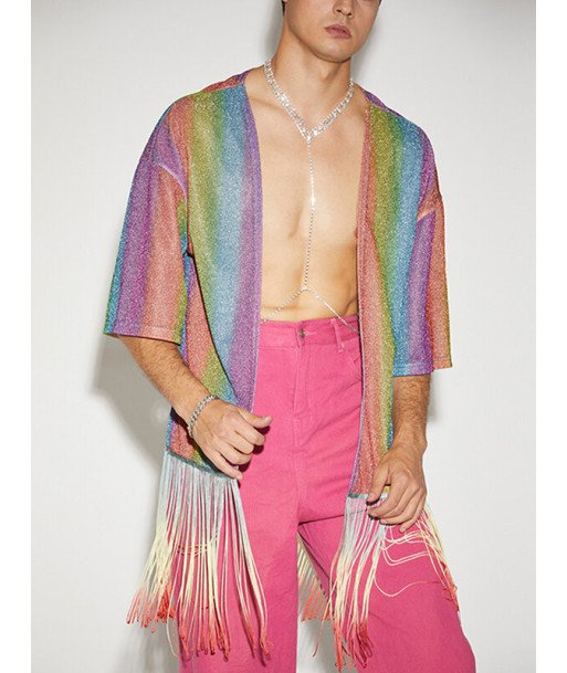 Men Glitter Rainbow Stripe Printed Fringe Cardigan