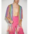 Men Glitter Rainbow Stripe Printed Fringe Cardigan