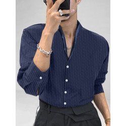Men Cotton Linen Striped Stand Collar Shirt