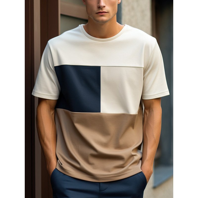 Mens Color Block Patchwork Crew Neck Casual Short Sleeve T-Shirts