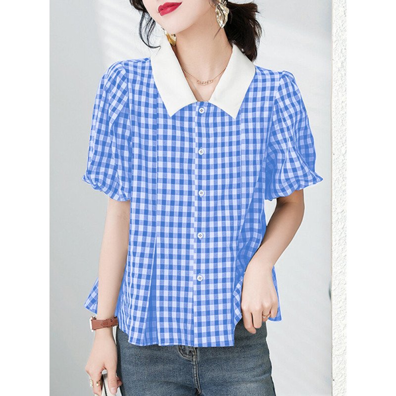 Check Contrast Lapel Puff Sleeve Button Front Shirt