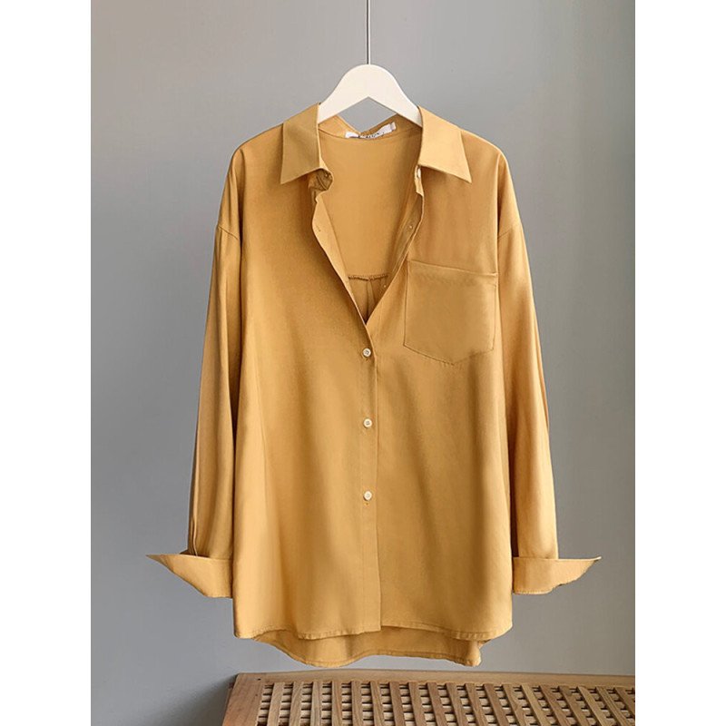 Solid Pocket Button Front Long Sleeve Lapel Shirt