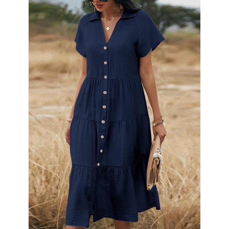 Solid Lapel Short Sleeve Button Front Casual Dress