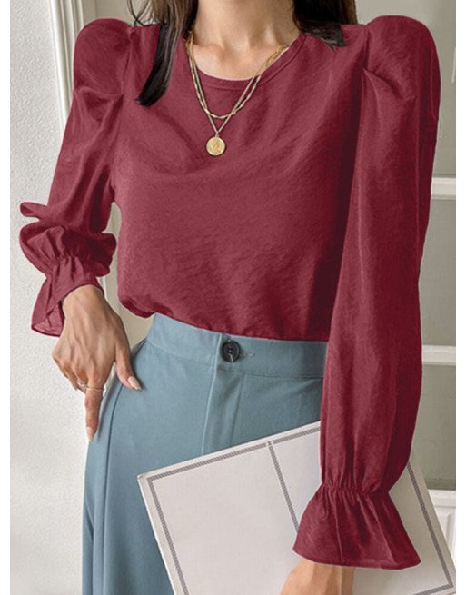 Solid Long Puff Sleeve Crew Neck Blouse