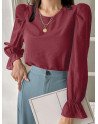 Solid Long Puff Sleeve Crew Neck Blouse