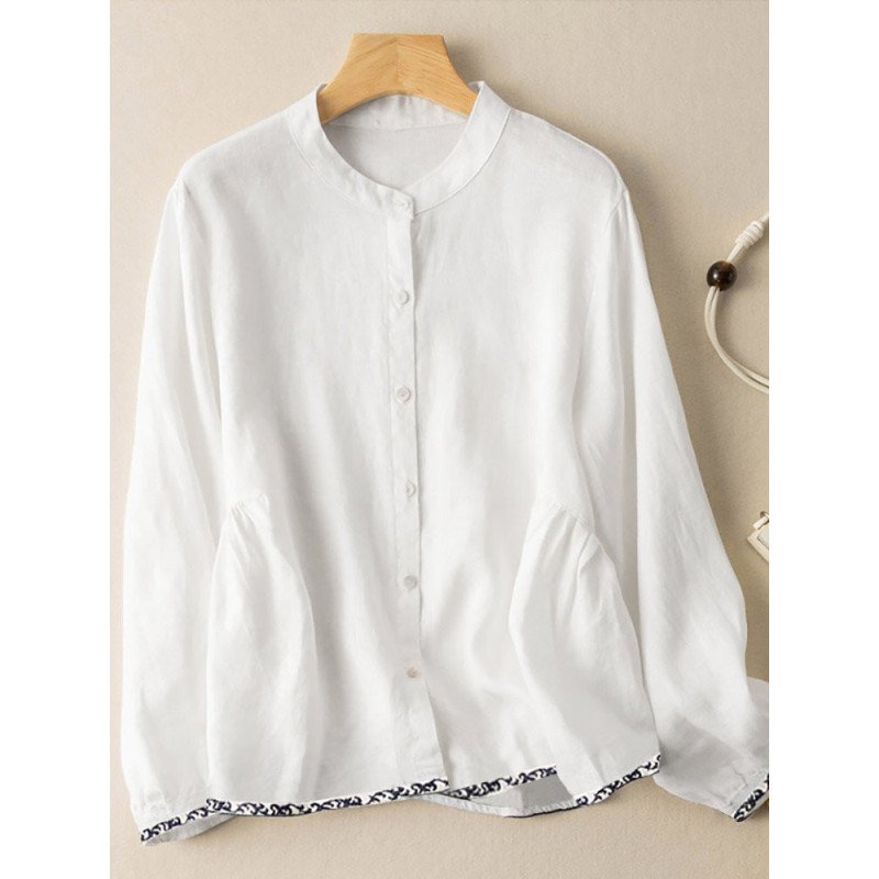 Stitching Hem Long Sleeve Stand Collar Button Blouse