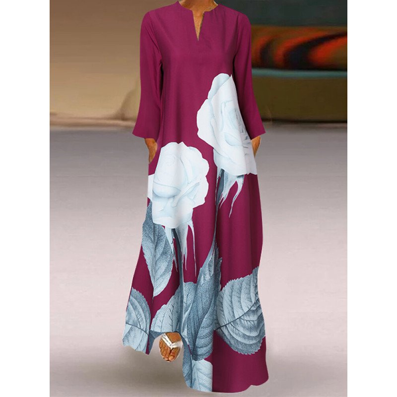 Flower Print Pocket Long Sleeve Notch Neck Dress