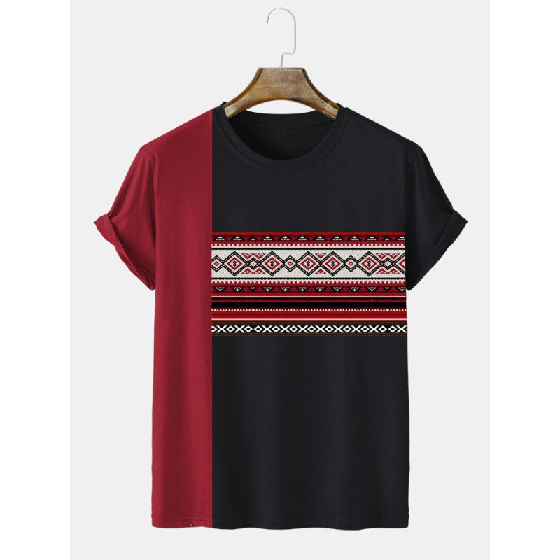 Mens Ethnic Geometric Print Patchwork Crew Neck Short Sleeve T-Shirts