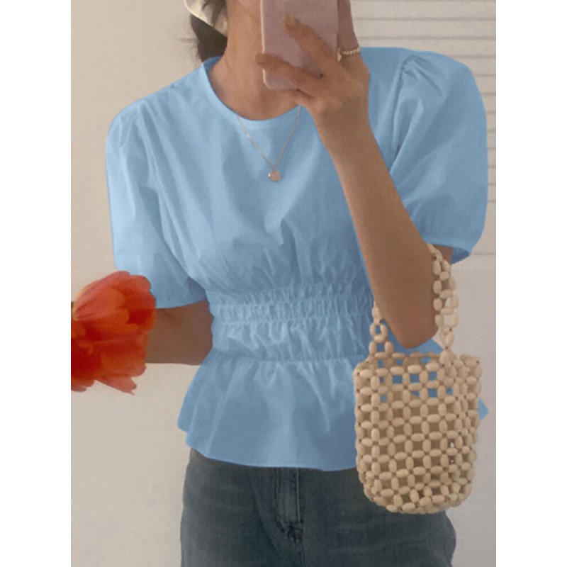 Solid Shirred Waist Puff Sleeve Crew Neck Women Blouse