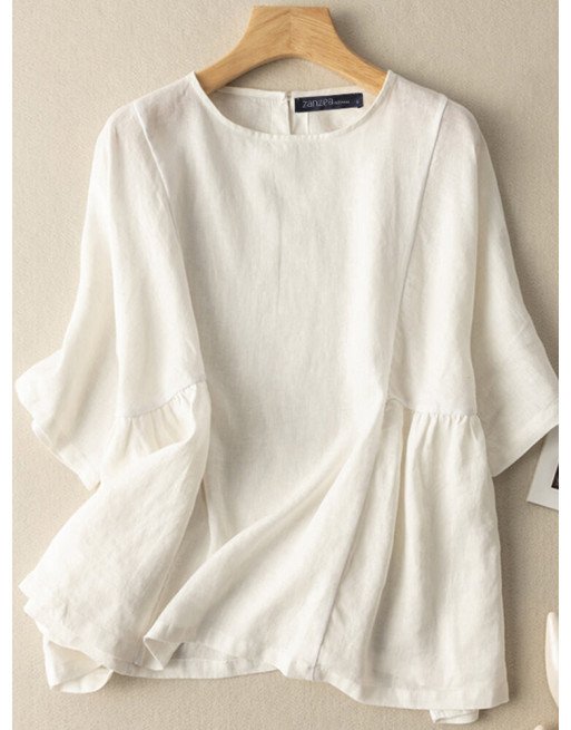 Solid Keyhole Back Loose Half Sleeve Crew Neck Blouse