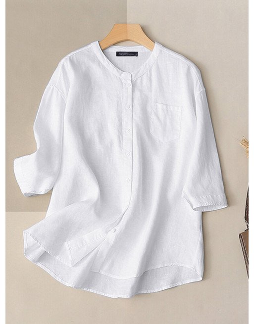 Solid 3/4 Sleeve Pocket Button Front Stand Collar Casual Blouse