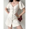 Front Buttons Short Sleeve Solid Color V Neck Thigh Length Dress