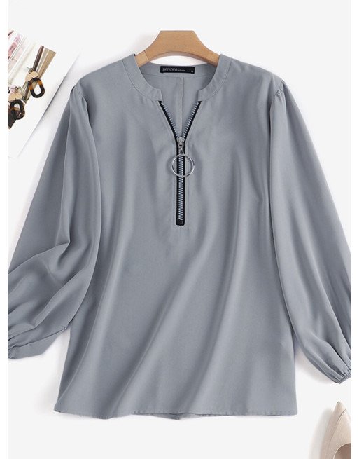 Women Zip Front V-neck Long Sleeve Casual Loose Blouse