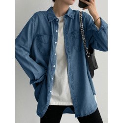 Solid Long Sleeve Pocket Button Lapel Denim Shirt