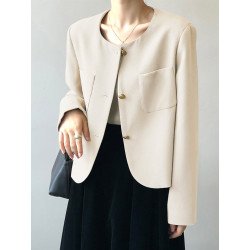 Solid Button Front Pocket Long Sleeve Blazer