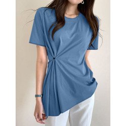 Women Asymmetrical Solid Keyhole Back Short Sleeve Blouse