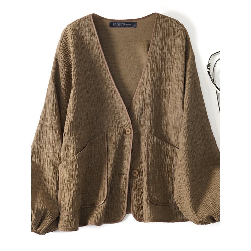 Solid Long Sleeve Pocket Button Front V-neck Kimono