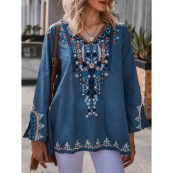 Vintage Tribal Pattern V-neck Slit Long Sleeve Blouse