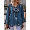 Vintage Tribal Pattern V-neck Slit Long Sleeve Blouse
