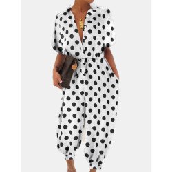 Polka Dot Print V-neck Drawstring Short Sleeve Plus Size Jumpsuit