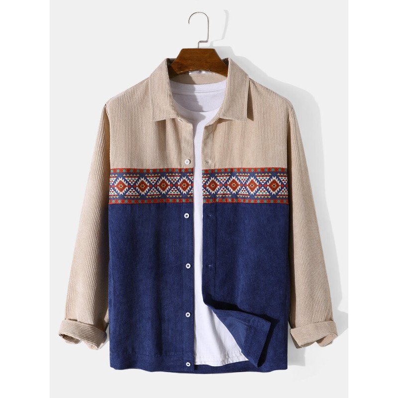 Mens Ethnic Geometric Print Patchwork Corduroy Long Sleeve Shirts
