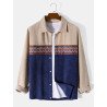 Mens Ethnic Geometric Print Patchwork Corduroy Long Sleeve Shirts